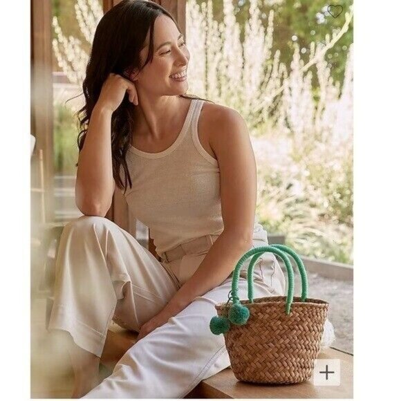 KAYU Mini St Tropez Straw Tote Bag Pom Pom Natural Sea foam Green Travel - Picture 2 of 14